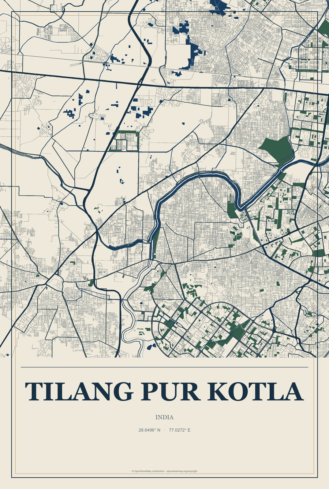 Tilang Pur Kotla, India City Map Aluminum Sign in Coastal Cutout style