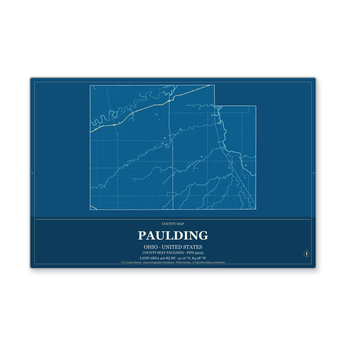 Paulding County, Ohio Map Aluminum Sign in Harbor Cobalt style