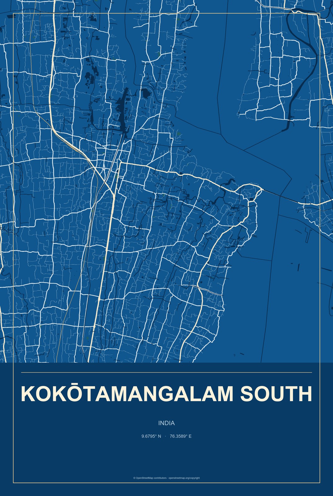Kokōtamangalam South, India City Map Aluminum Sign in Harbor Cobalt style