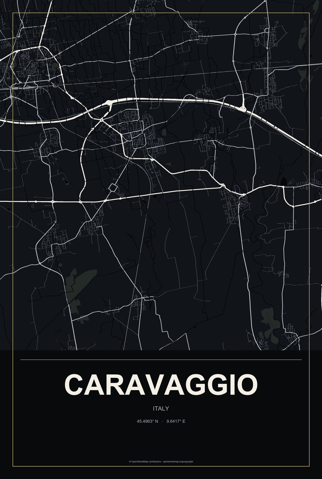 Caravaggio, Italy City Map Aluminum Sign in Metropolitan Noir style