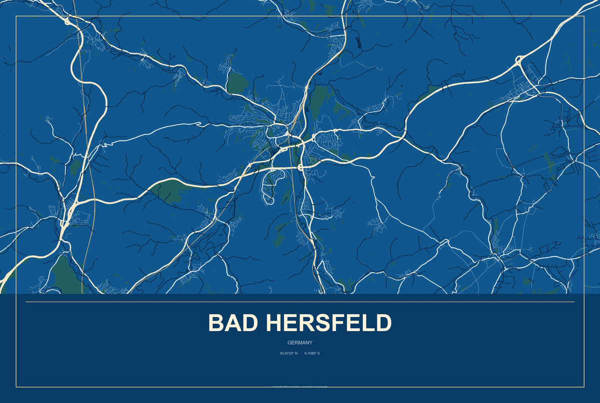 Bad Hersfeld, Germany City Map Aluminum Sign in Harbor Cobalt style