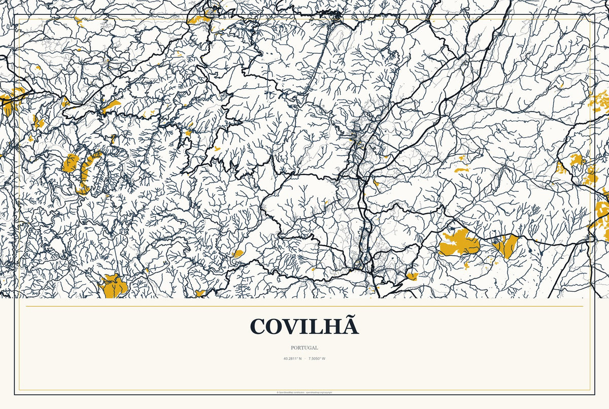 Covilhã, Portugal City Map Aluminum Sign in Citrine Modern style