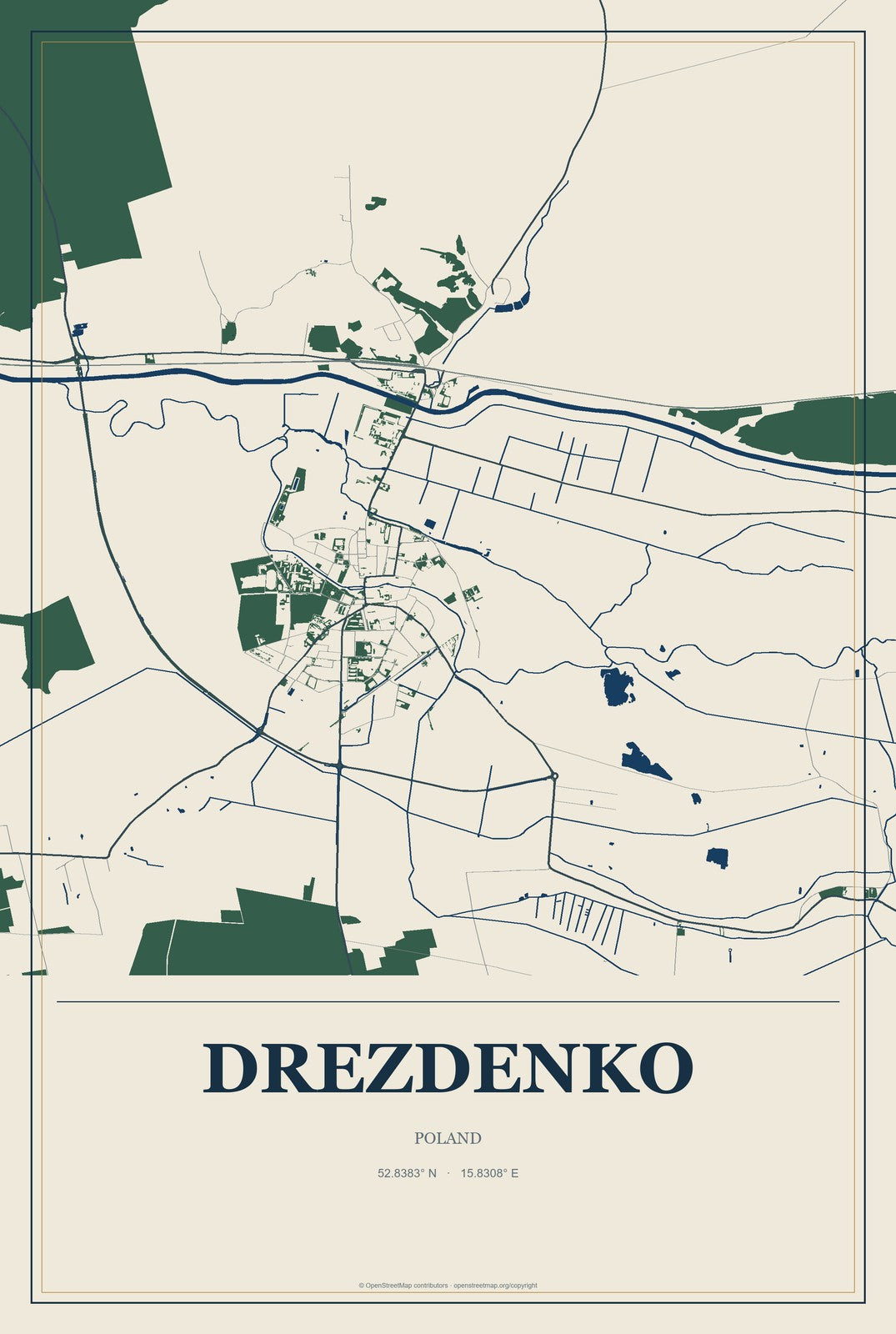 Drezdenko, Poland City Map Aluminum Sign in Coastal Cutout style