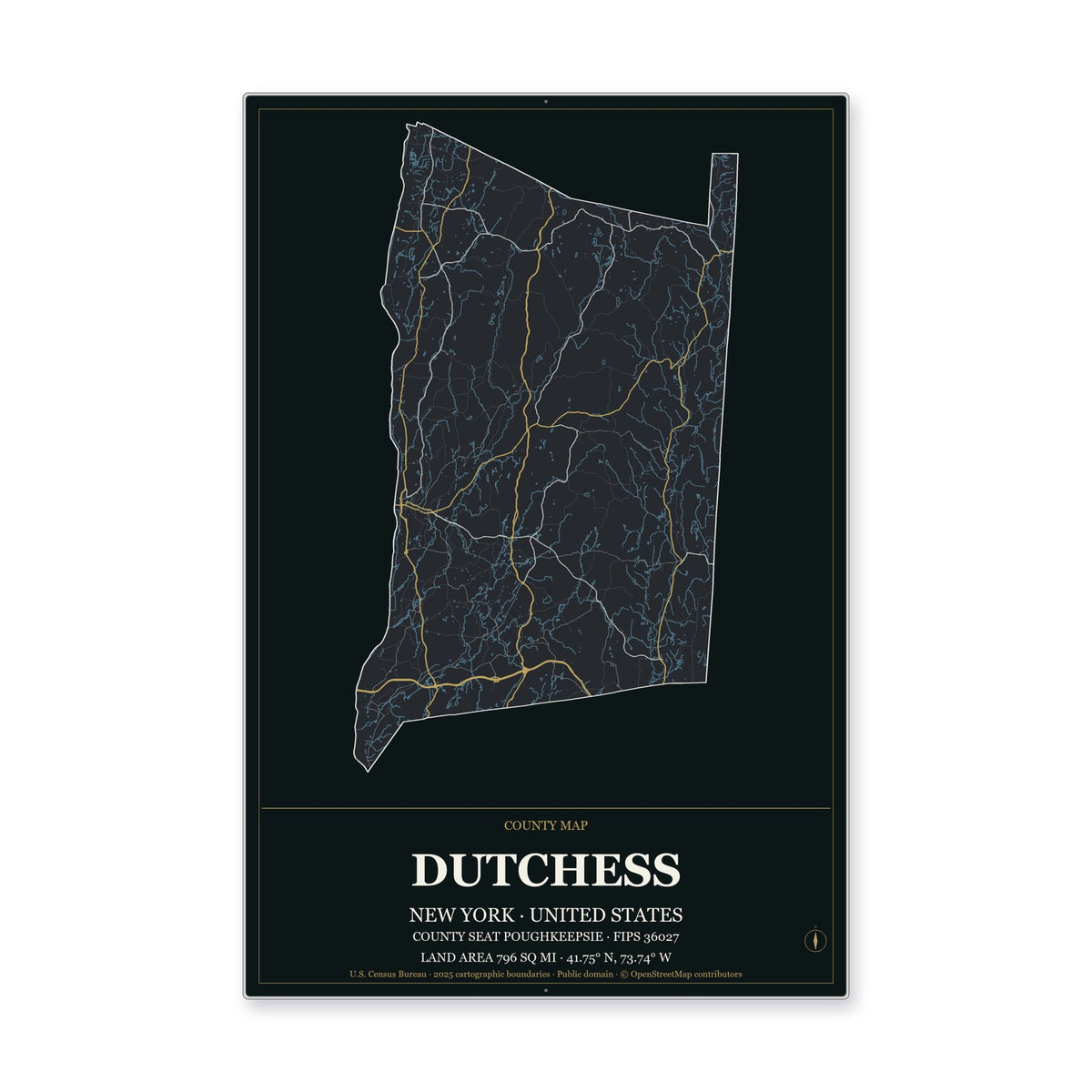 Dutchess County, New York Map Aluminum Sign in Metropolitan Noir style