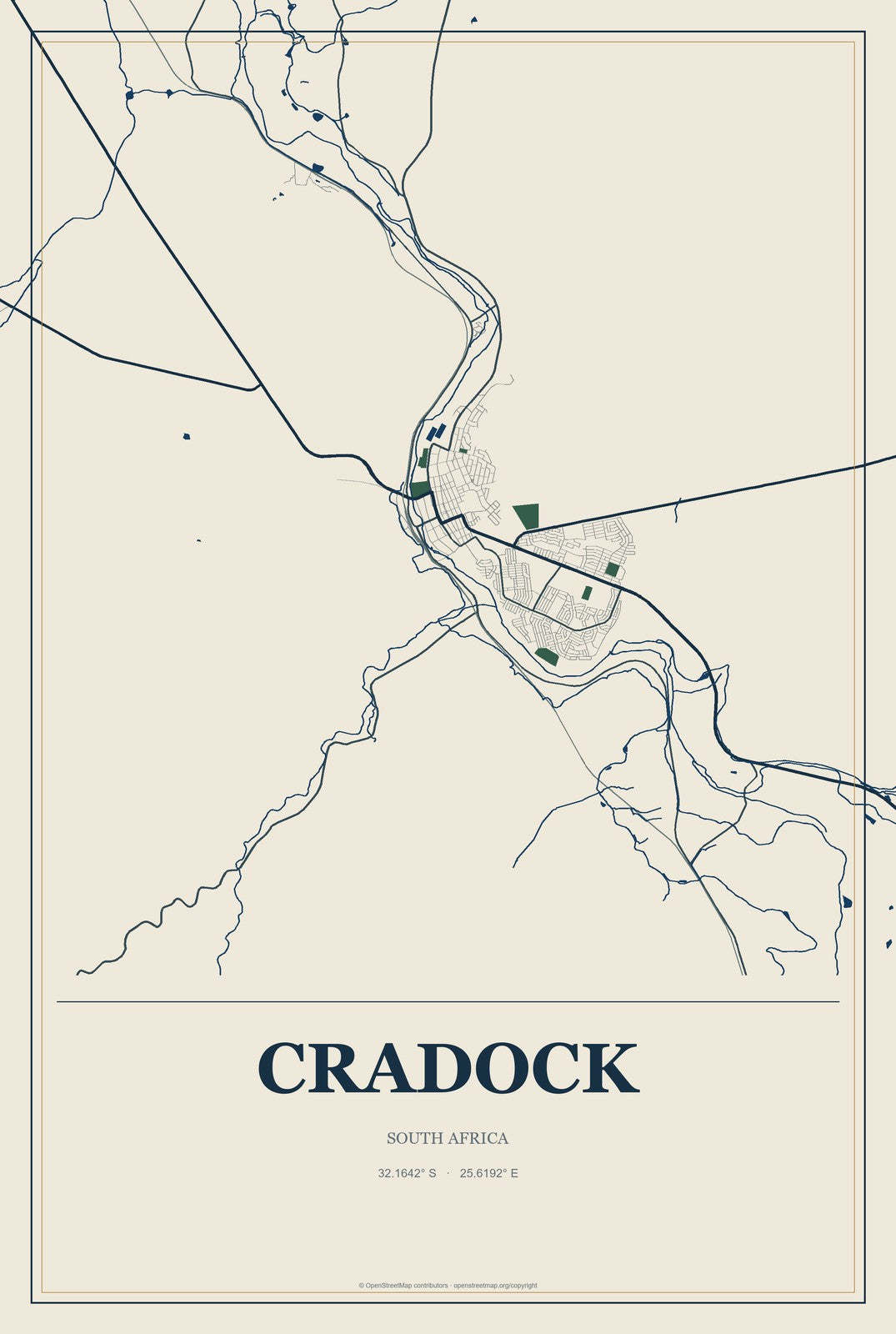 Cradock, South Africa City Map Aluminum Sign in Coastal Cutout style