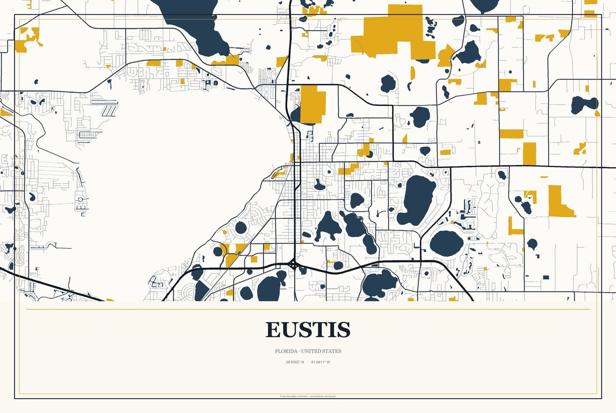 Eustis, Florida City Map Aluminum Sign in Citrine Modern style