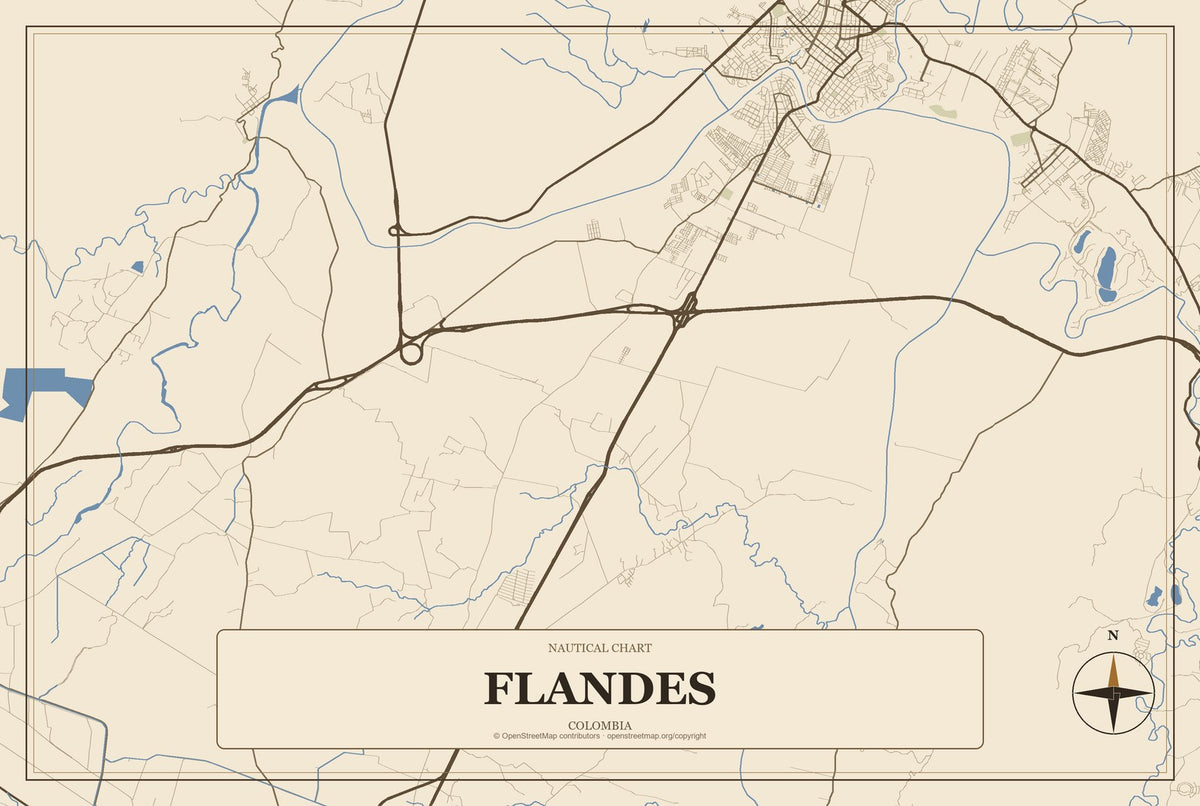 Flandes, Colombia City Map Aluminum Sign in Heritage Nautical style