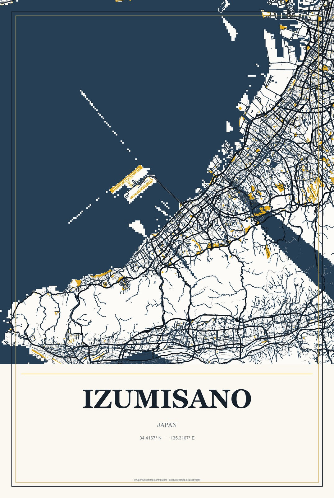 Izumisano, Japan City Map Aluminum Sign in Citrine Modern style