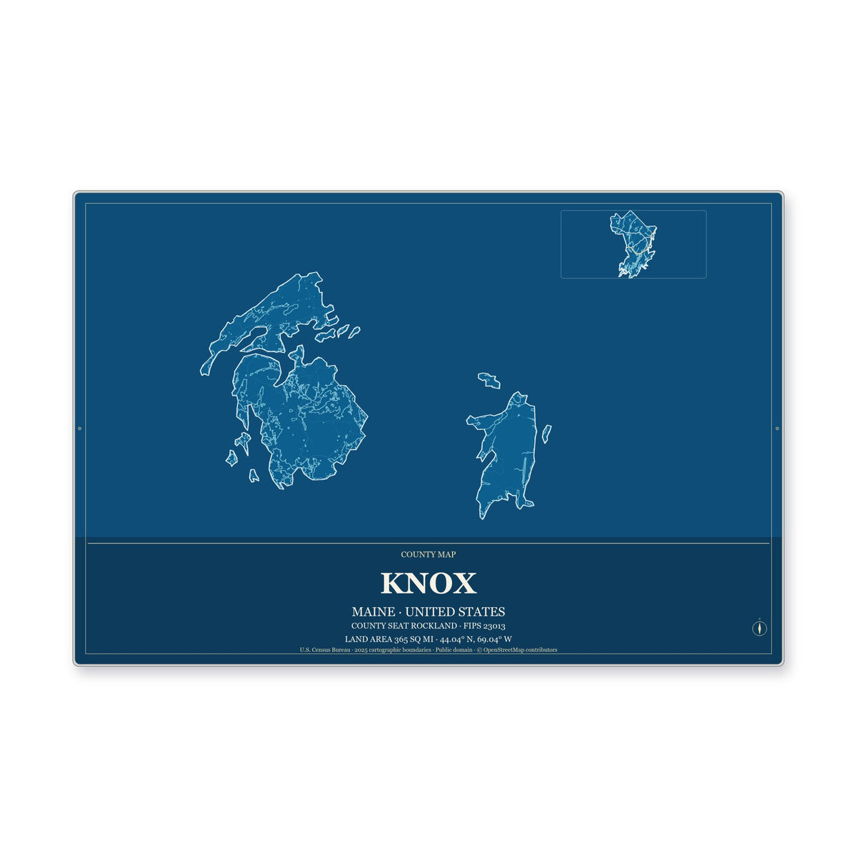 Knox County, Maine Map Aluminum Sign in Harbor Cobalt style