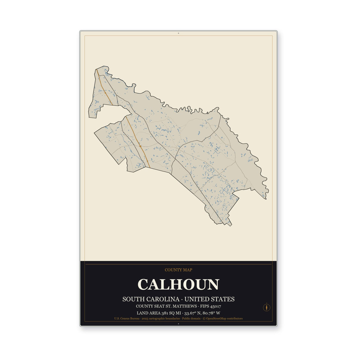 Calhoun County, South Carolina Map Aluminum Sign in Museum Plaque style