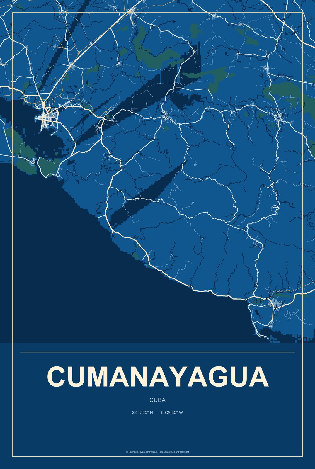 Cumanayagua, Cuba City Map Aluminum Sign in Harbor Cobalt style
