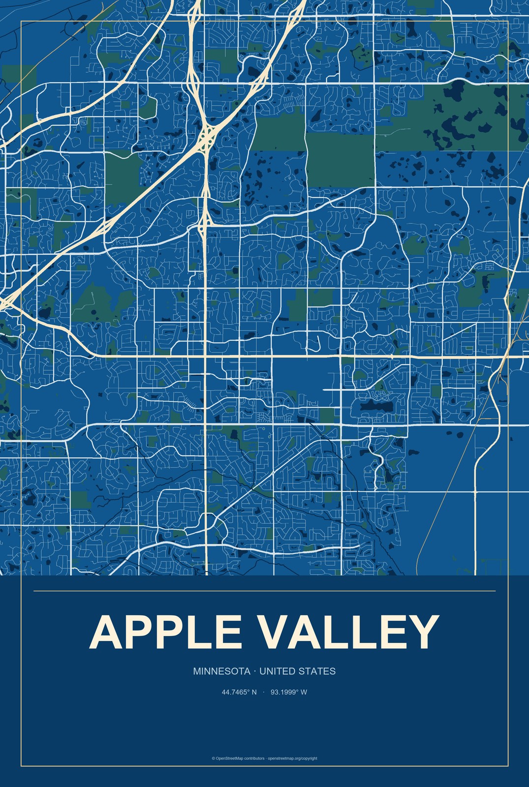 Apple Valley, Minnesota City Map Aluminum Sign in Harbor Cobalt style