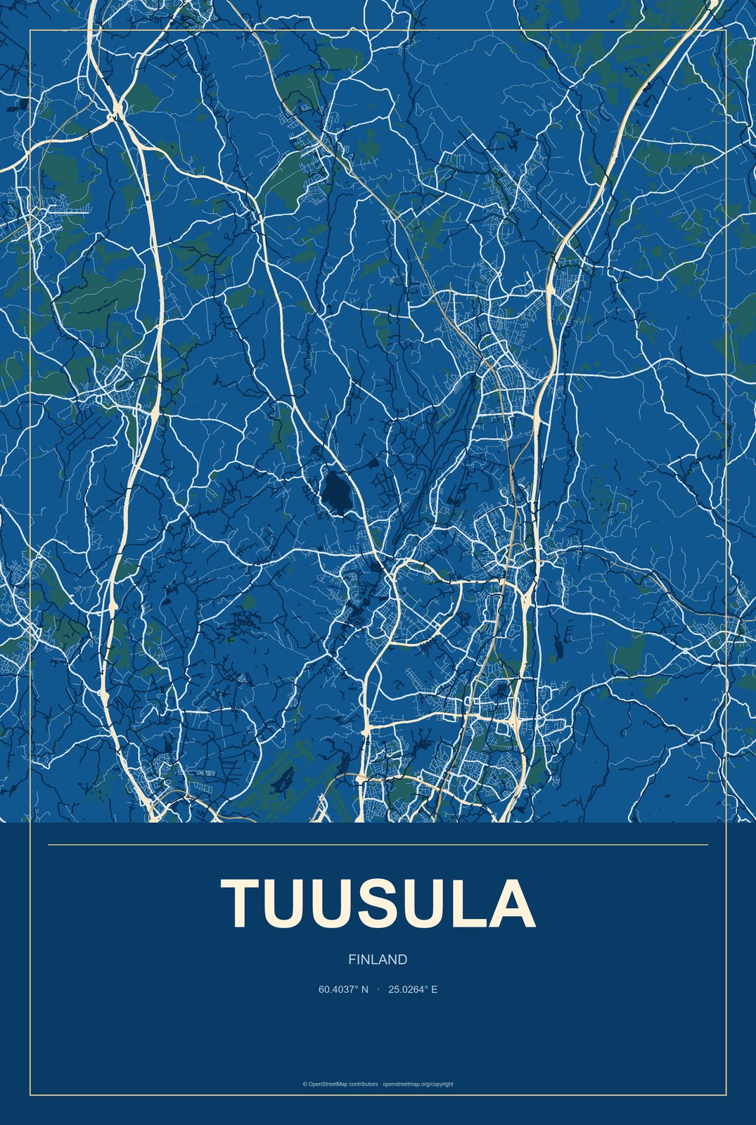 Tuusula, Finland City Map Aluminum Sign in Harbor Cobalt style