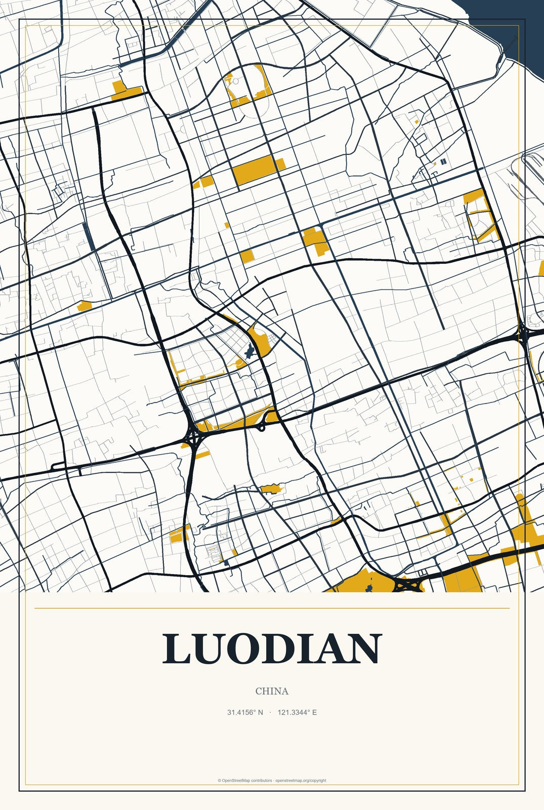 Luodian, China City Map Aluminum Sign in Citrine Modern style
