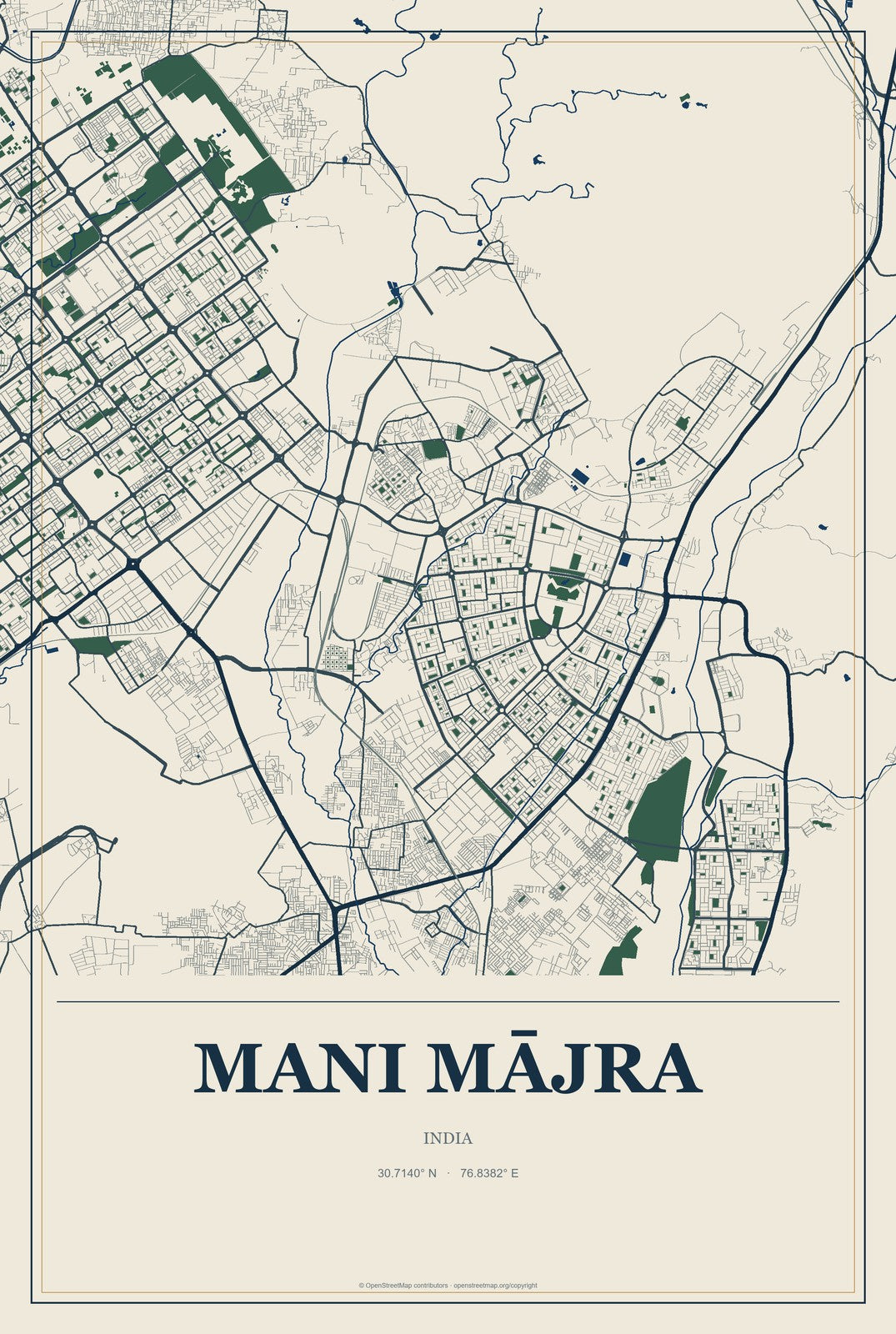 Mani Mājra, India City Map Aluminum Sign in Coastal Cutout style