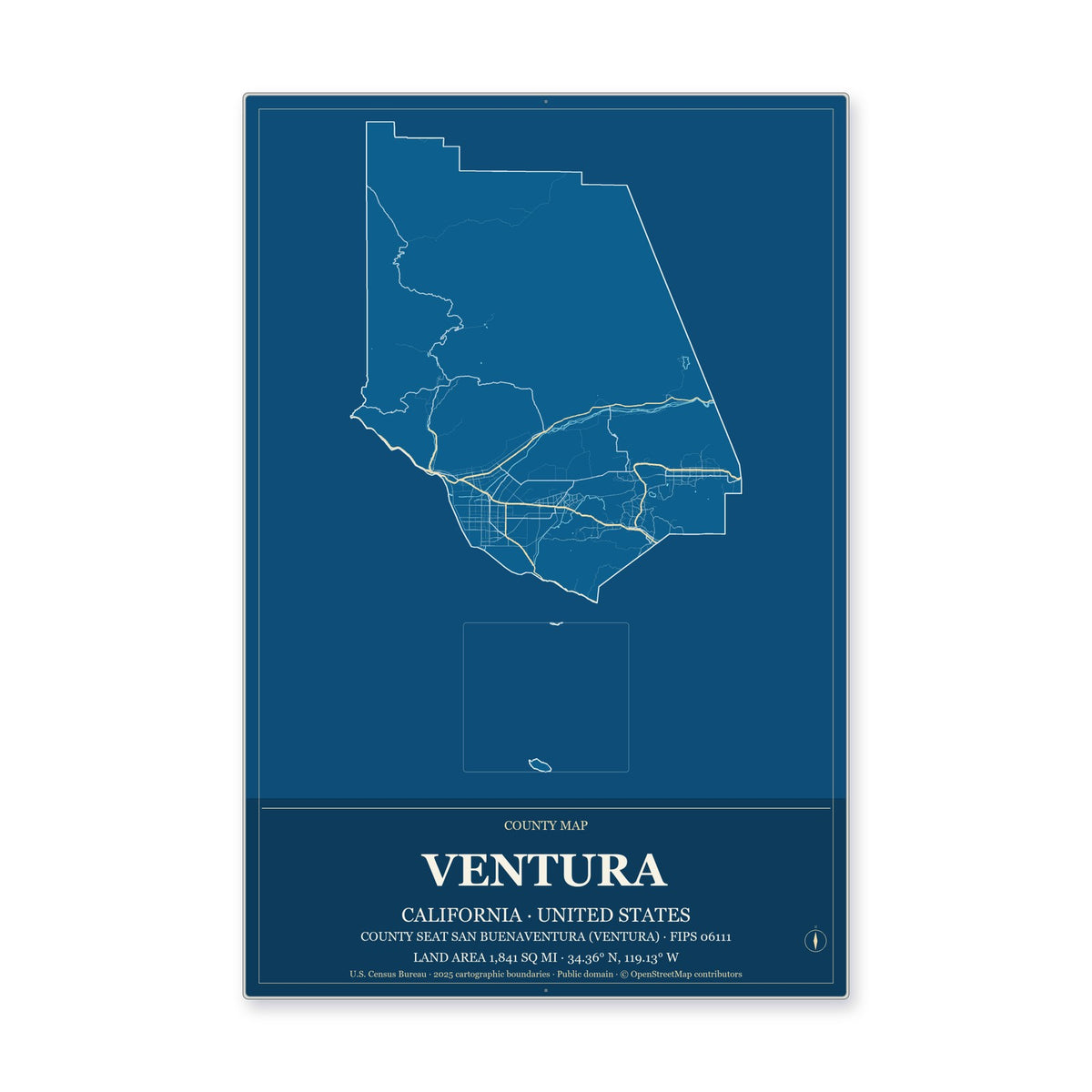 Ventura County, California Map Aluminum Sign in Harbor Cobalt style