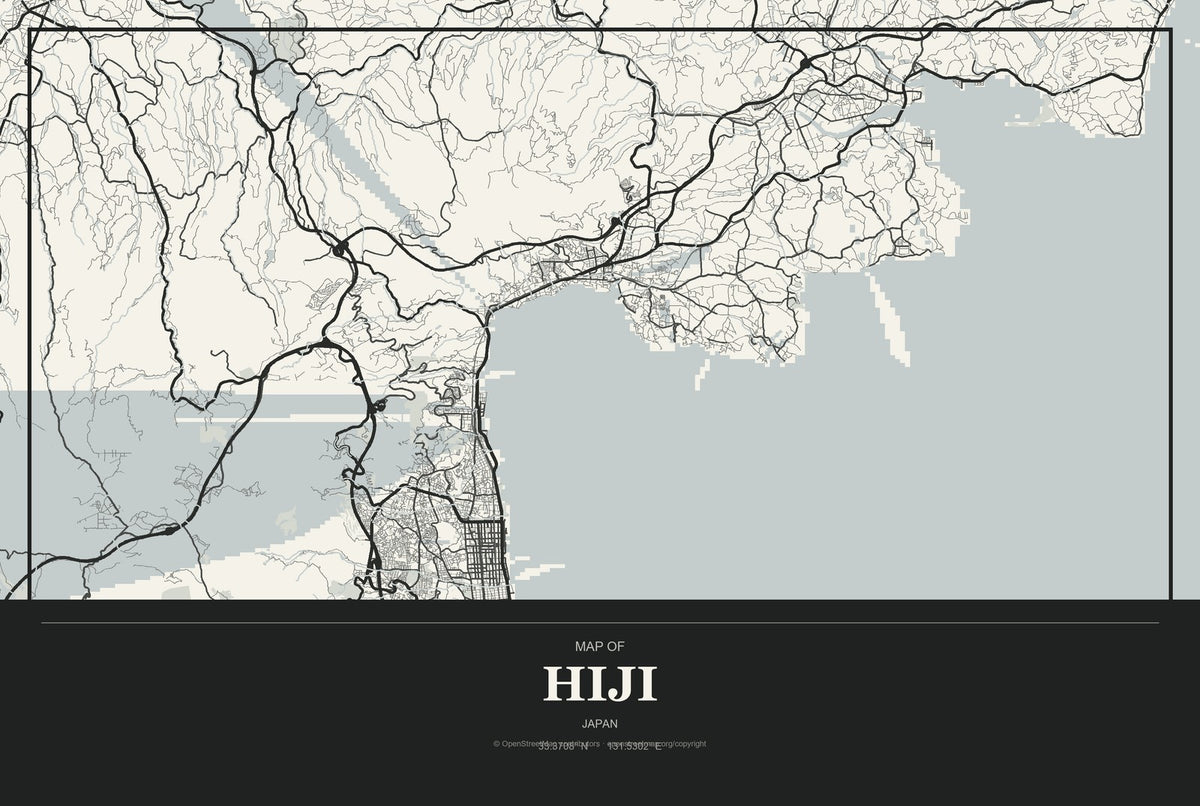 Hiji, Japan City Map Aluminum Sign in Museum Plaque style