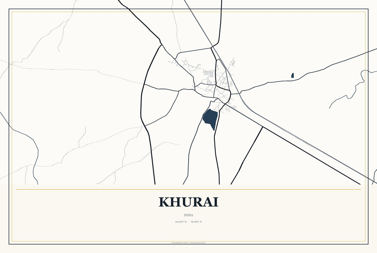 Khurai, India City Map Aluminum Sign in Citrine Modern style