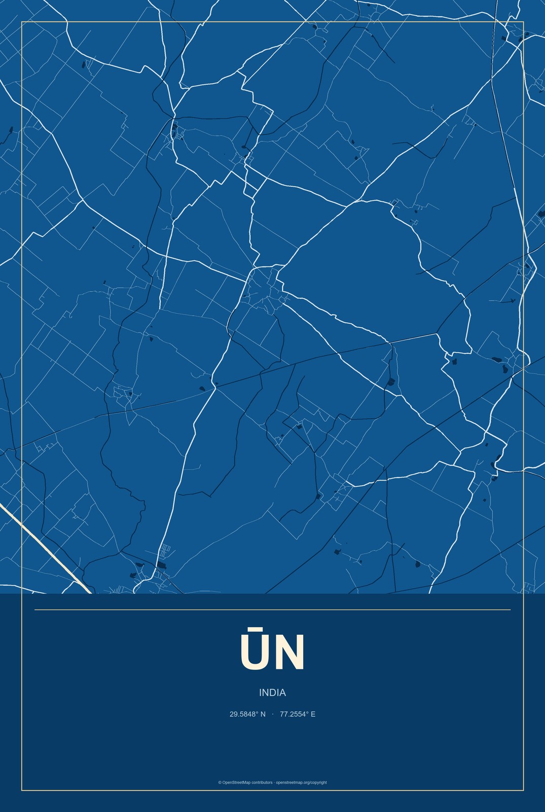 Ūn, India City Map Aluminum Sign in Harbor Cobalt style