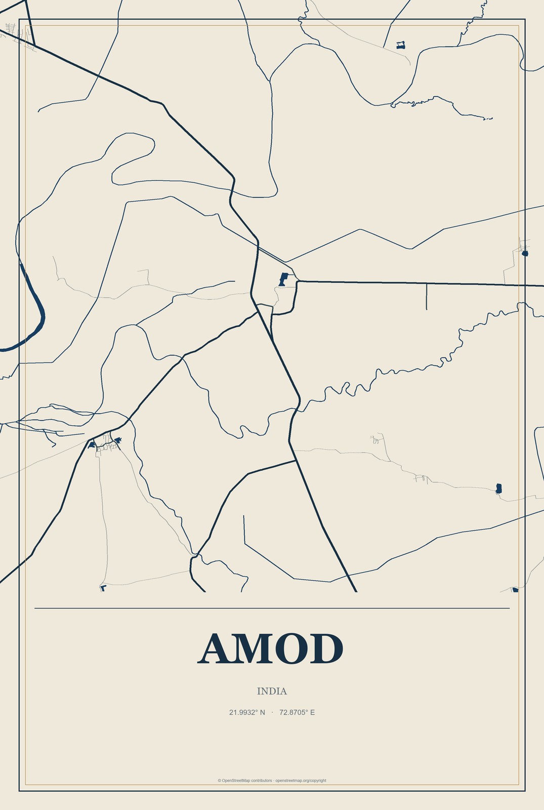 Amod, India City Map Aluminum Sign in Coastal Cutout style
