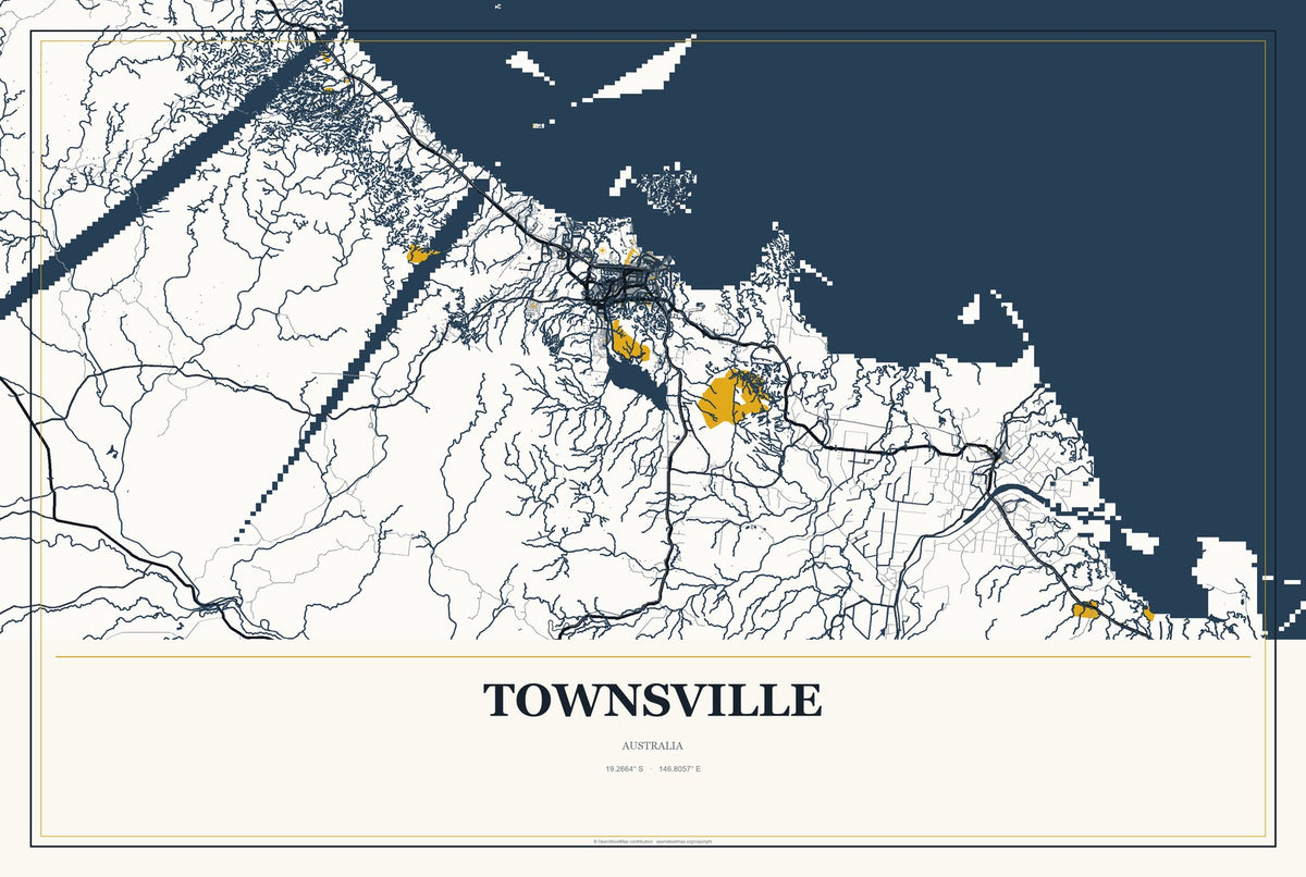 Townsville, Australia City Map Aluminum Sign in Citrine Modern style