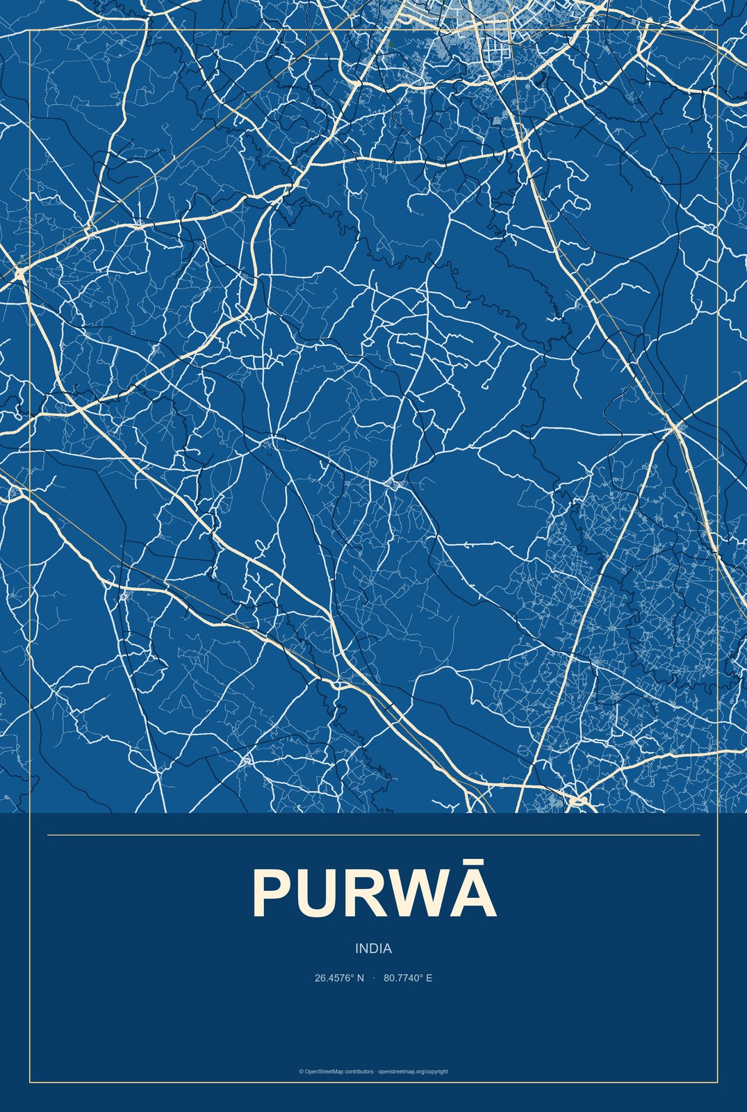 Purwā, India City Map Aluminum Sign in Harbor Cobalt style