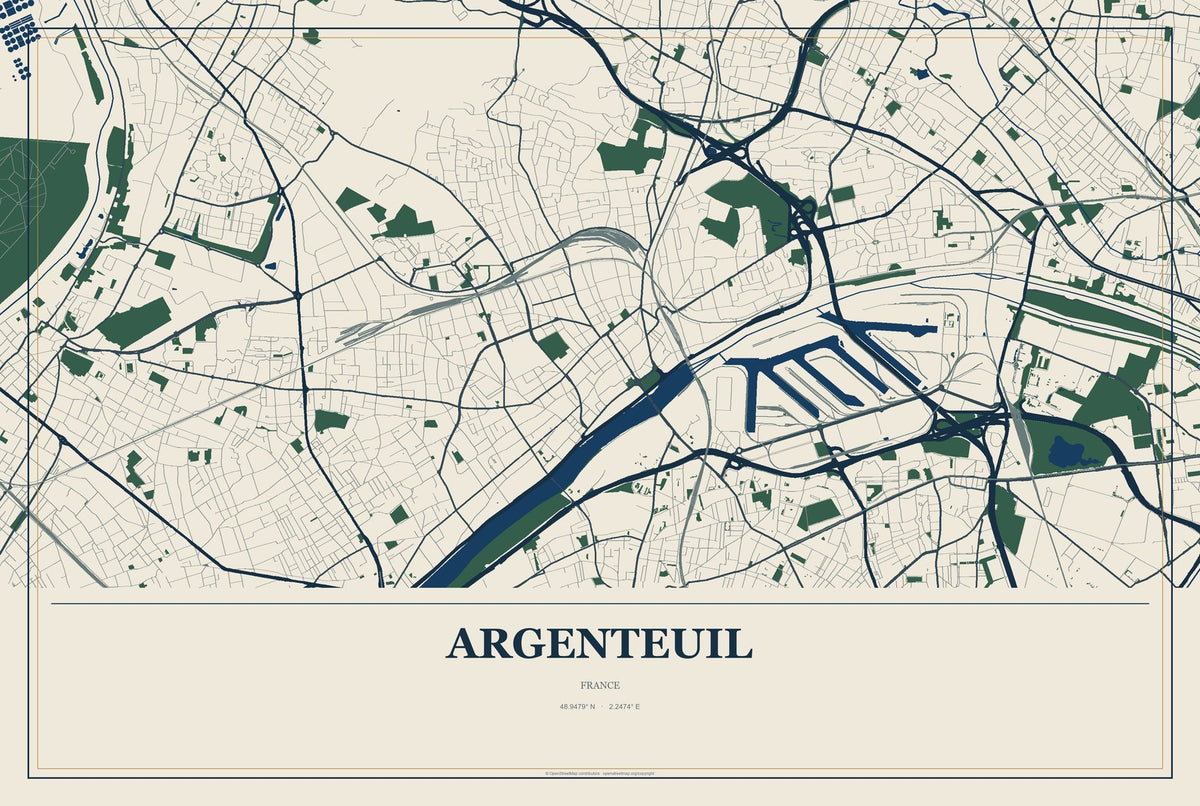 Argenteuil, France City Map Aluminum Sign in Coastal Cutout style