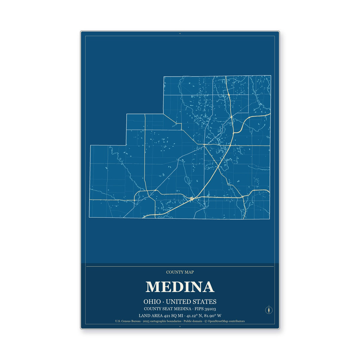 Medina County, Ohio Map Aluminum Sign in Harbor Cobalt style