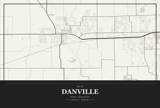 Danville, Indiana City Map Aluminum Sign in Museum Plaque style