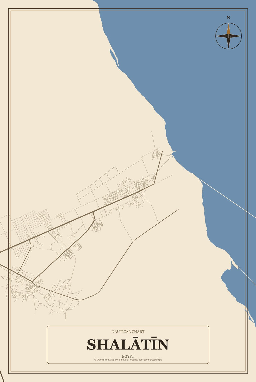 Shalātīn, Egypt City Map Aluminum Sign in Heritage Nautical style