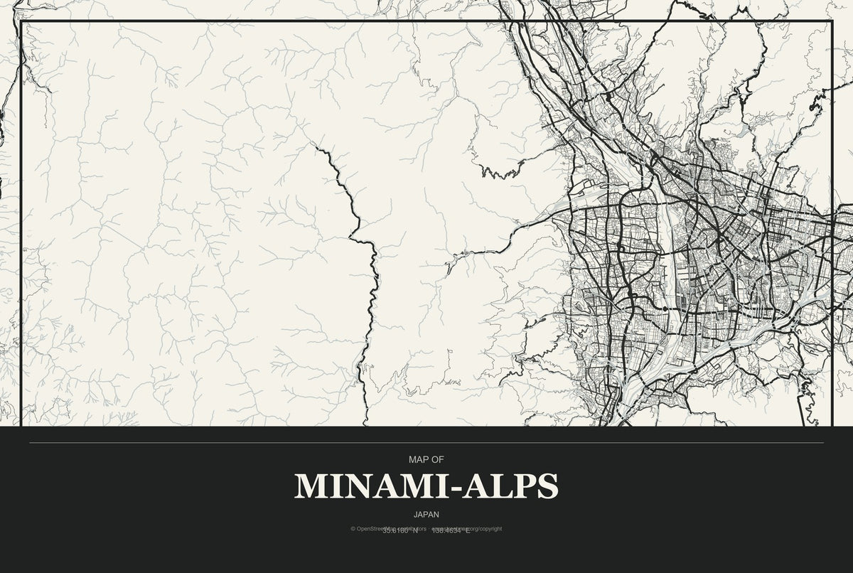 Minami-Alps, Japan City Map Aluminum Sign in Museum Plaque style