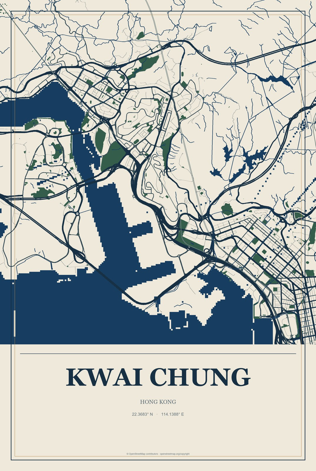 Kwai Chung, Hong Kong City Map Aluminum Sign in Coastal Cutout style