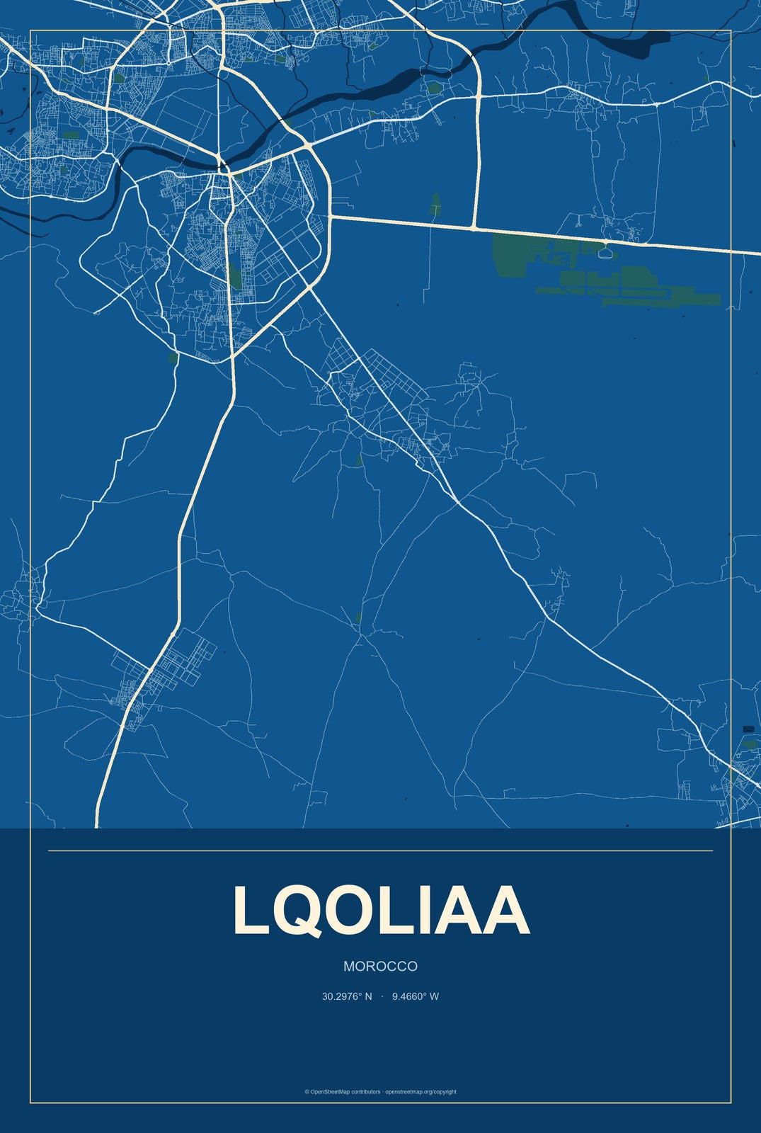 Lqoliaa, Morocco City Map Aluminum Sign in Harbor Cobalt style