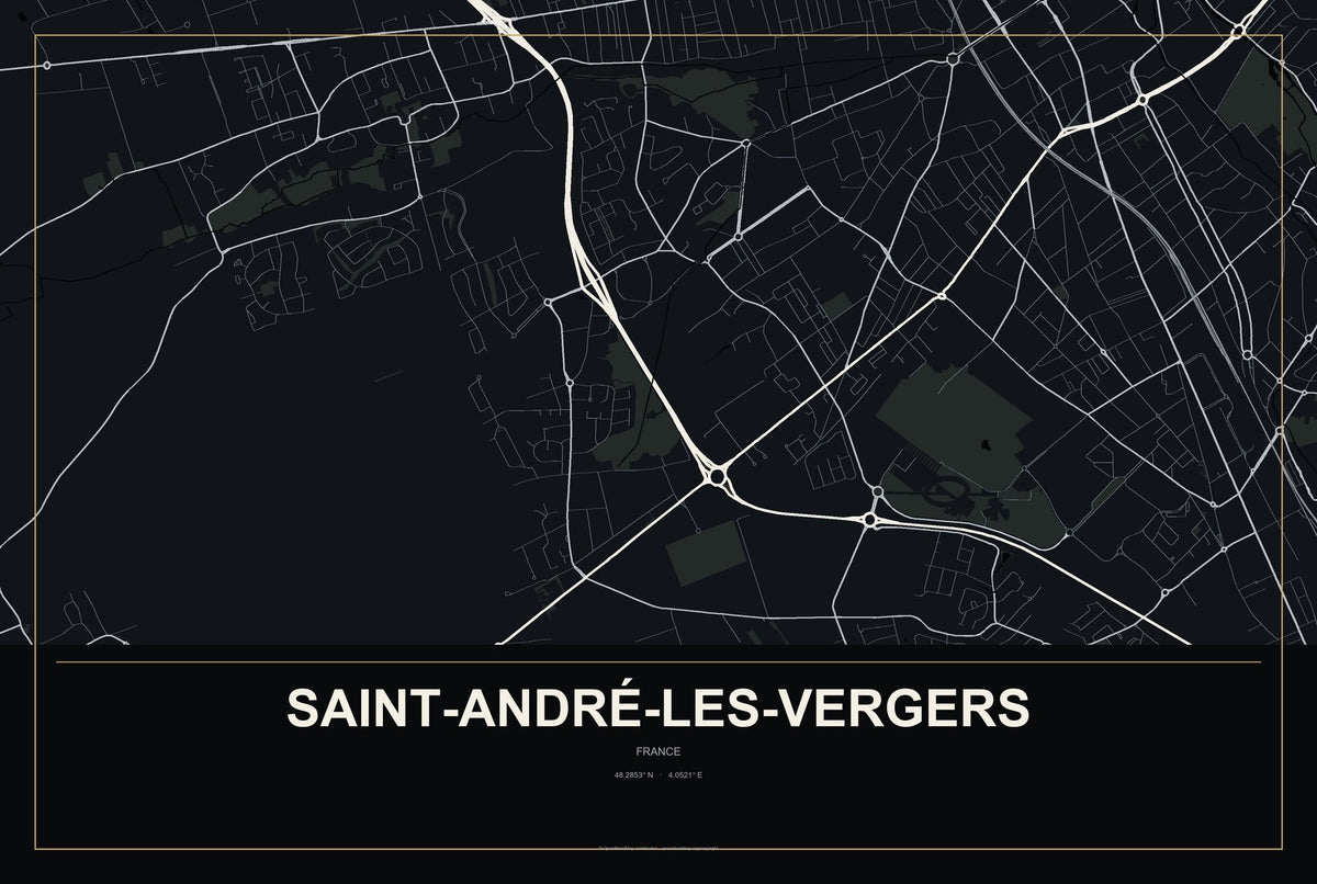 Saint-André-les-Vergers, France City Map Aluminum Sign in Metropolitan Noir style