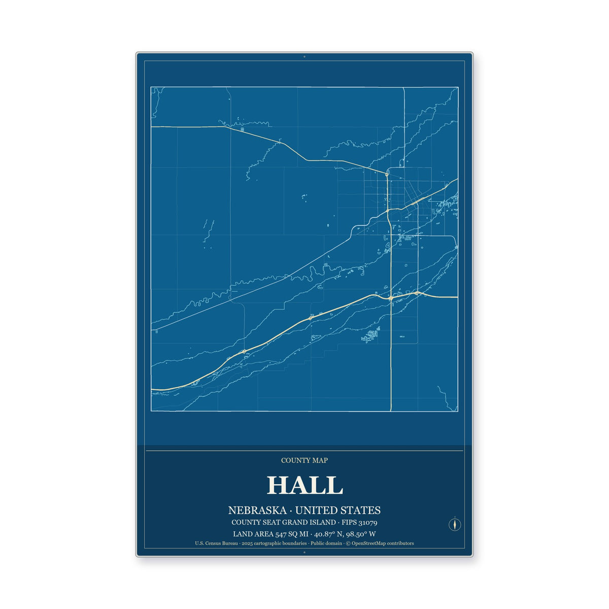 Hall County, Nebraska Map Aluminum Sign in Harbor Cobalt style