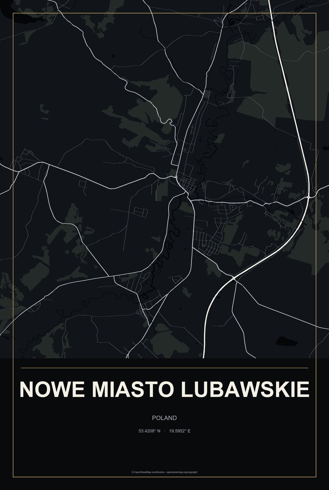 Nowe Miasto Lubawskie, Poland City Map Aluminum Sign in Metropolitan Noir style