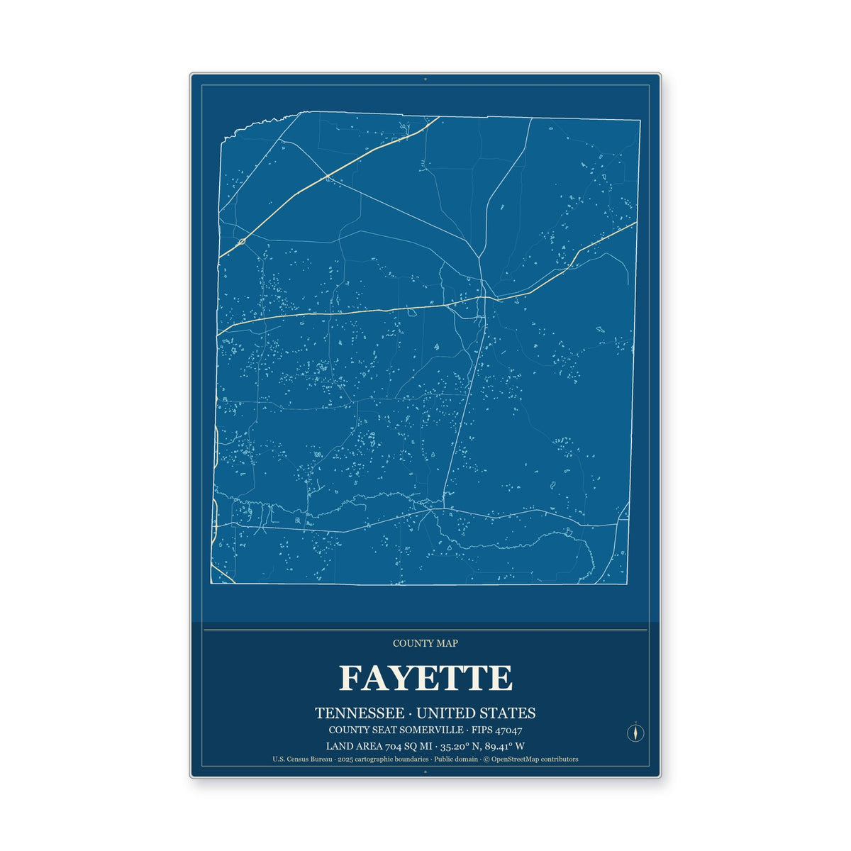 Fayette County, Tennessee Map Aluminum Sign in Harbor Cobalt style