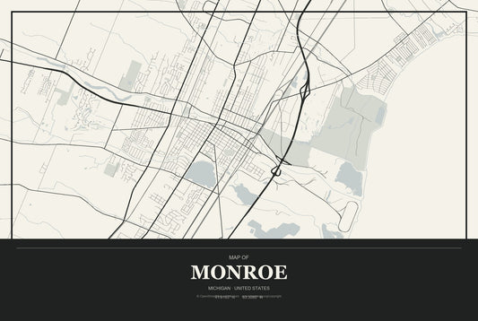 Monroe, Michigan City Map Aluminum Sign in Museum Plaque style