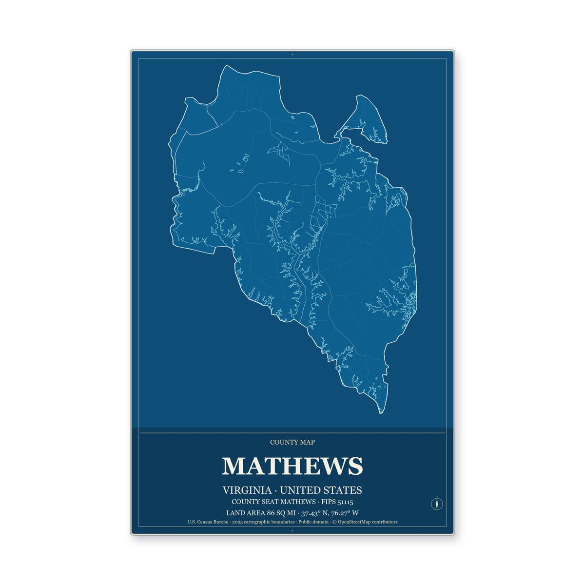 Mathews County, Virginia Map Aluminum Sign in Harbor Cobalt style