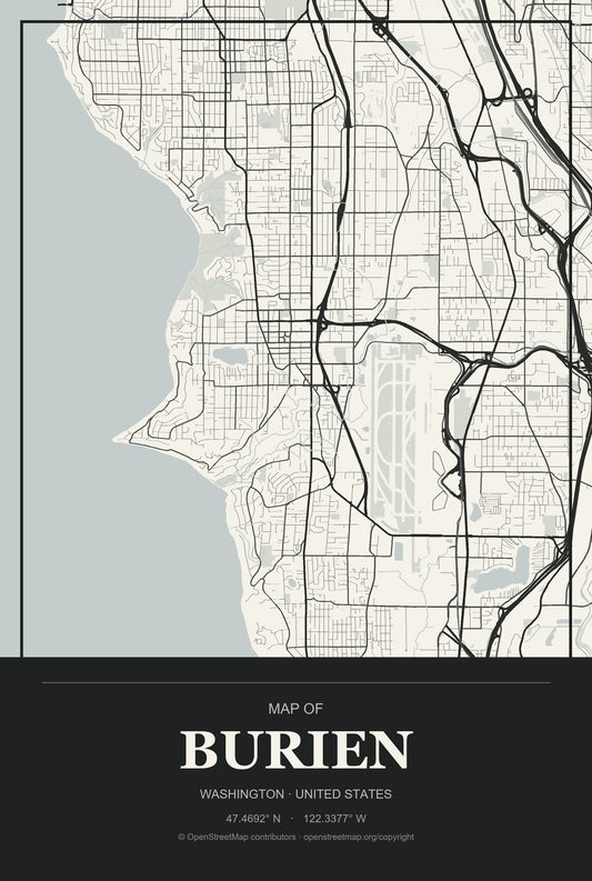 Burien, Washington City Map Aluminum Sign in Museum Plaque style