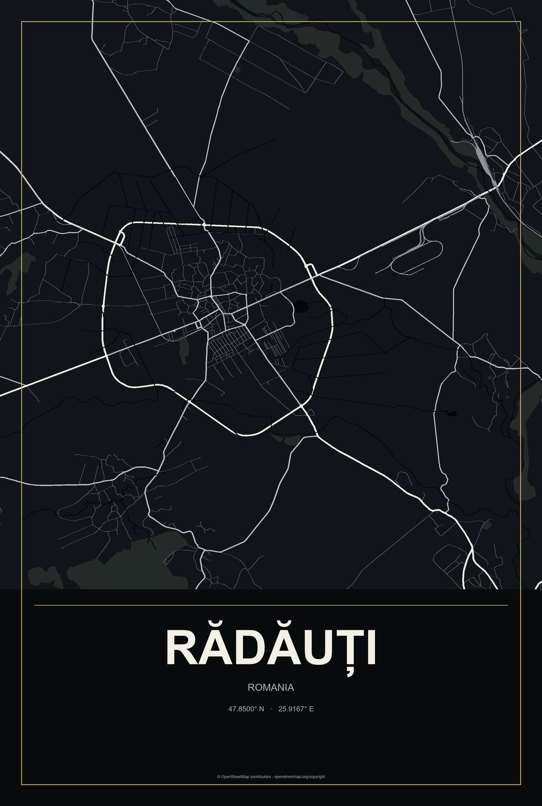Rădăuți, Romania City Map Aluminum Sign in Metropolitan Noir style