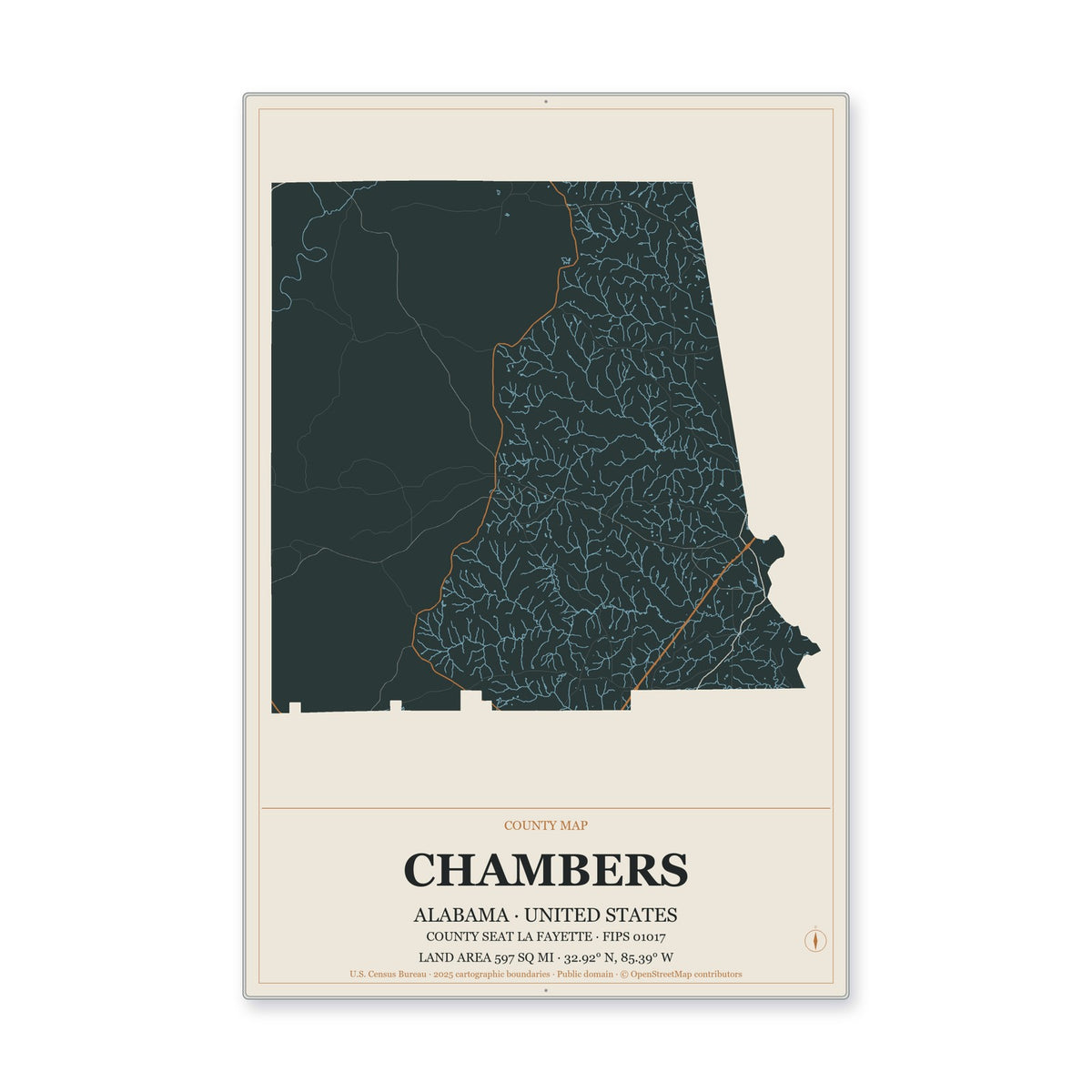 Chambers County, Alabama Map Aluminum Sign in Headline Atlas style