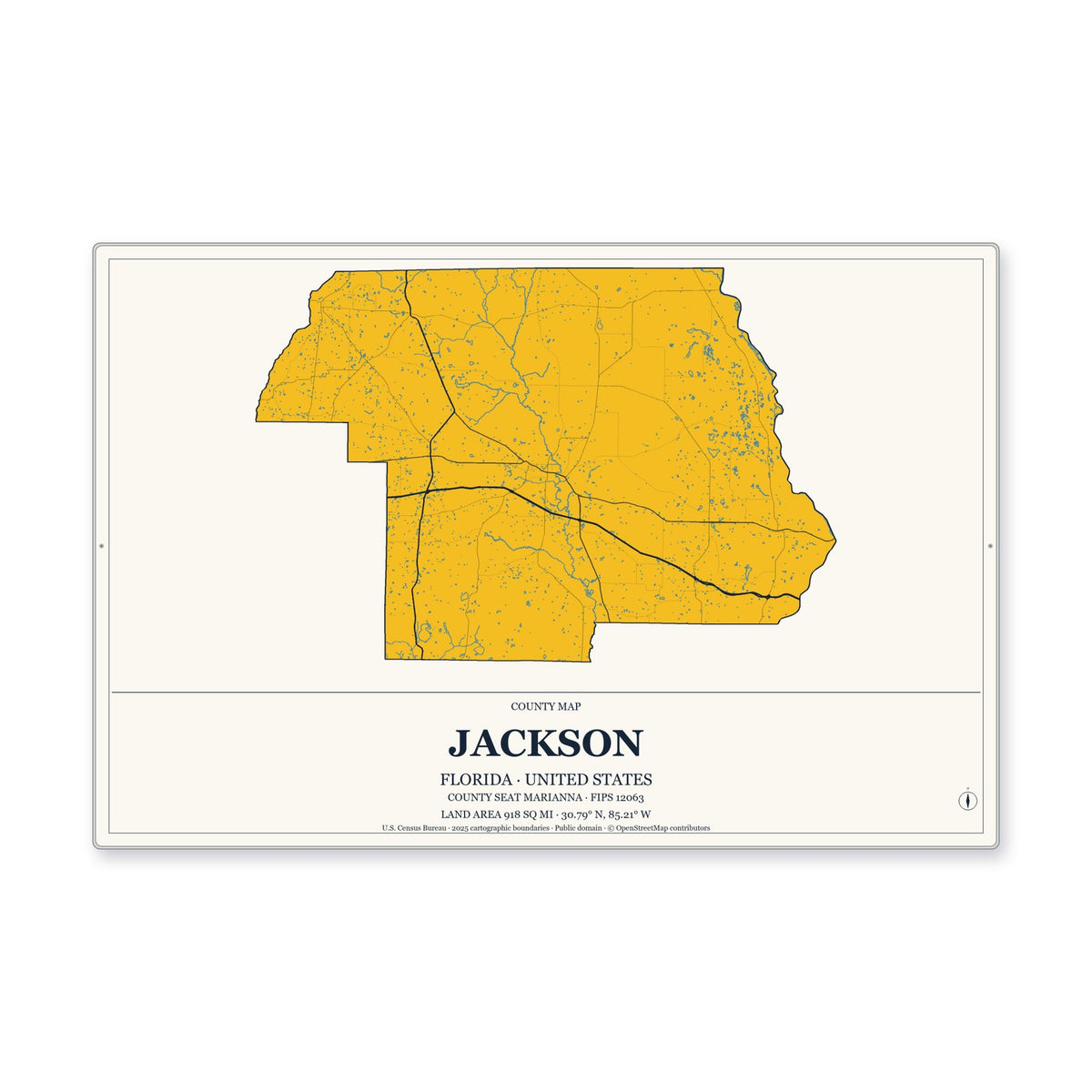 Jackson County, Florida Map Aluminum Sign in Citrine Modern style