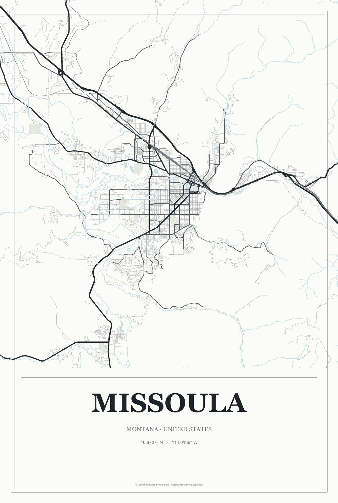 Missoula, Montana City Map Aluminum Sign in Gallery Air style