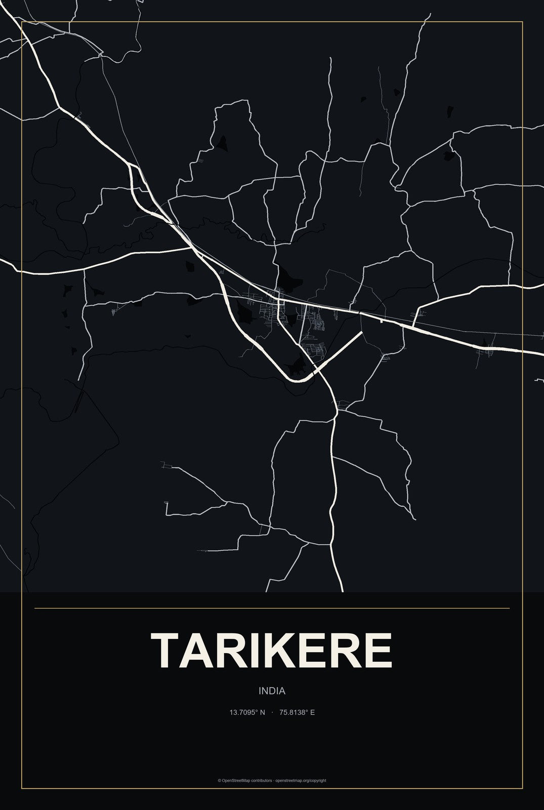 Tarikere, India City Map Aluminum Sign in Metropolitan Noir style