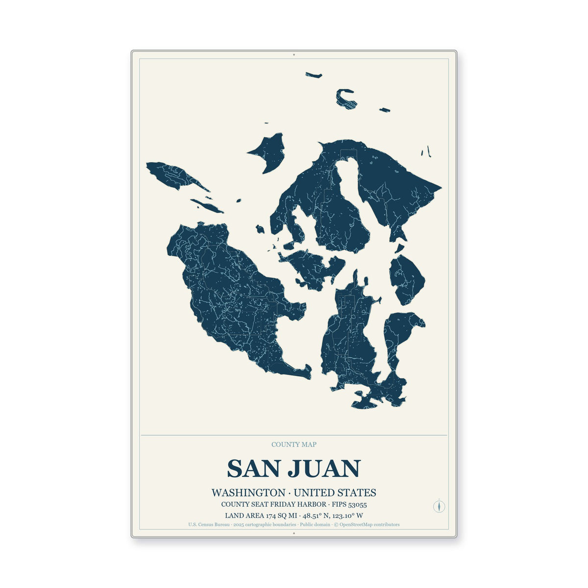 San Juan County, Washington Map Aluminum Sign in Coastal Cutout style