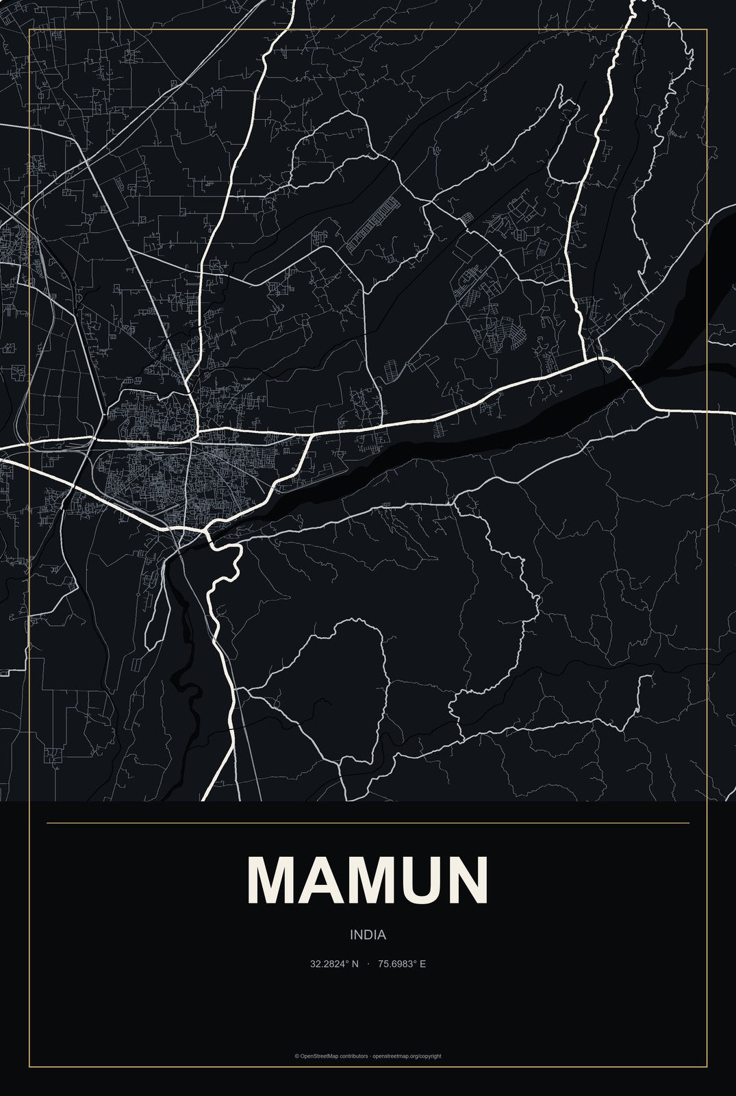 Mamun, India City Map Aluminum Sign in Metropolitan Noir style