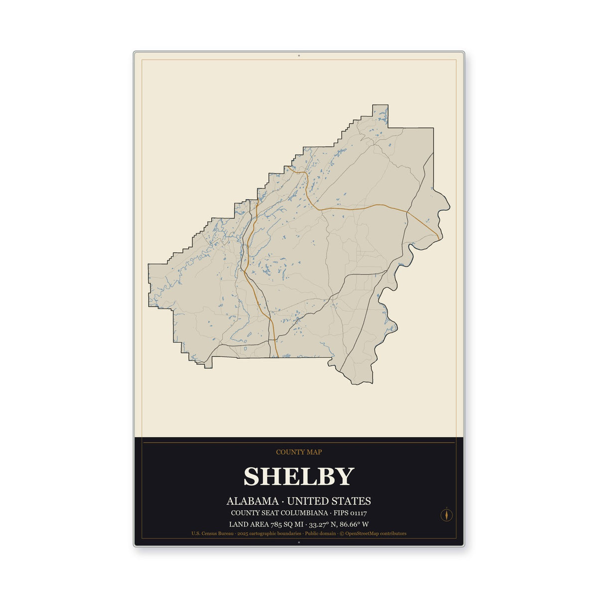 Shelby County, Alabama Map Aluminum Sign in Museum Plaque style