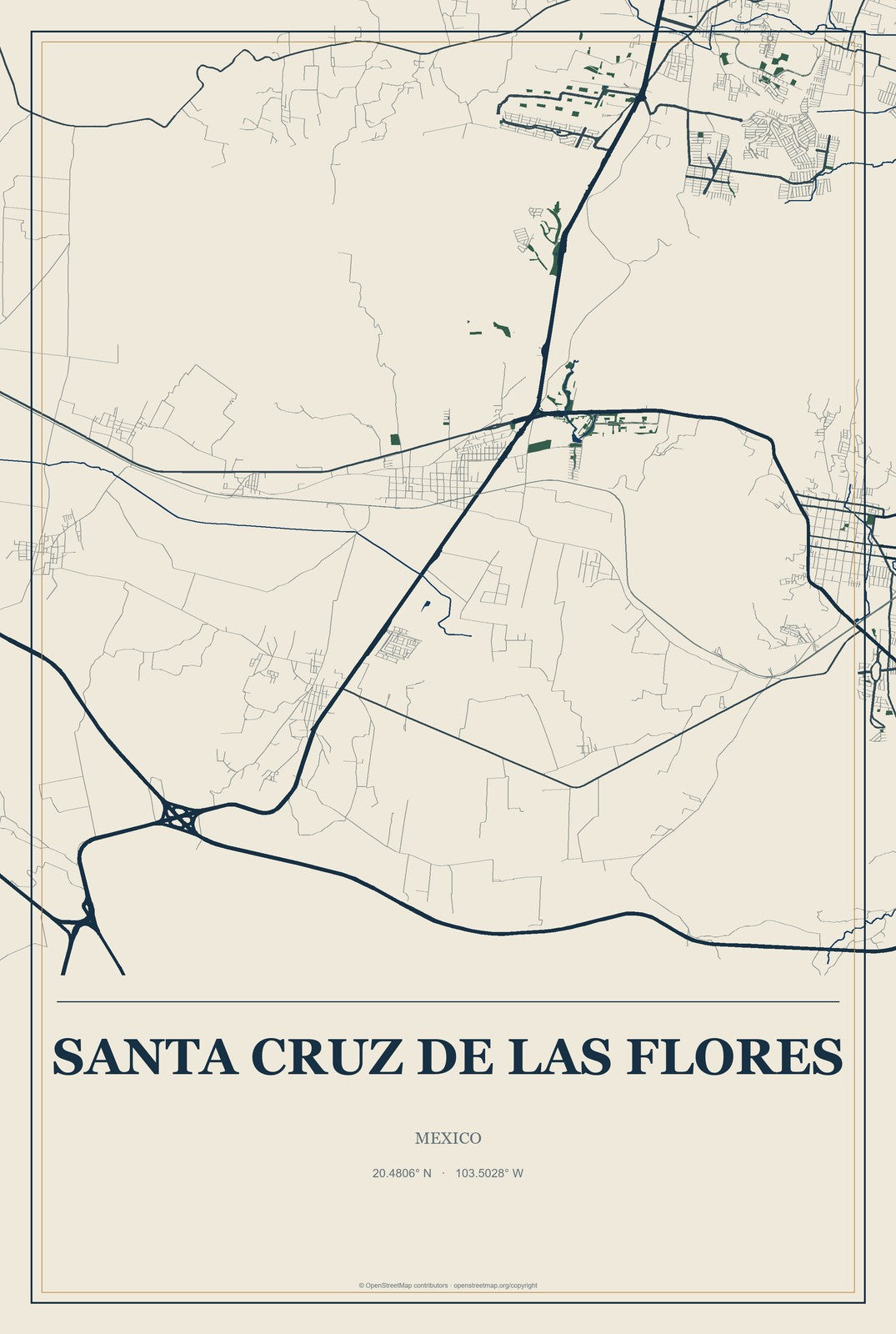 Santa Cruz de las Flores, Mexico City Map Aluminum Sign in Coastal Cutout style