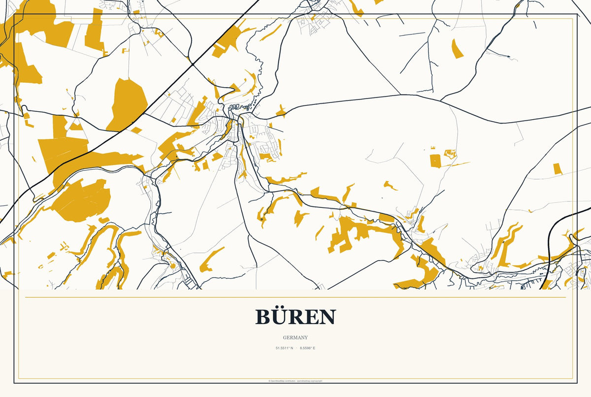 Büren, Germany City Map Aluminum Sign in Citrine Modern style